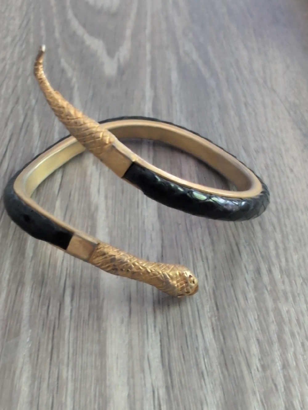 Brass and Black Leather Snake Coil Bangle Cuff Bracelet - Women's Jewelry